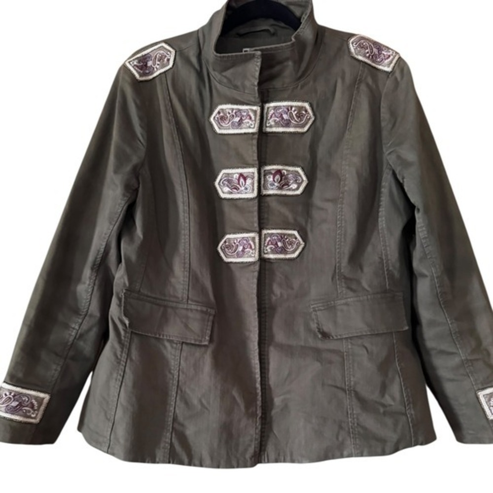 Chicos Military Style Jacket Embellished Olive Green Women's 12/14 Size 2 - Picture 2 of 11
